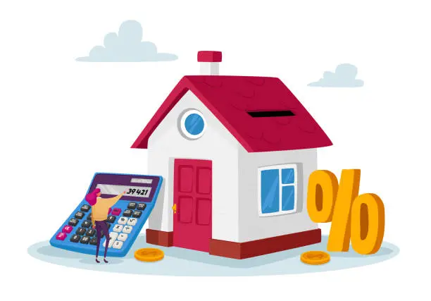 Vector illustration of Mortgage and Home Buying Concept. Tiny Female Character with Huge Calculator and Percent Symbol at House with Gold Coins