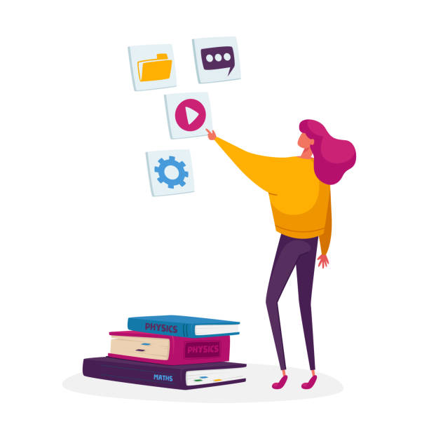 kobieta oglądająca kurs wideo, lekcję online lub szkolne seminarium internetowe. student distant learning, studia na uniwersytecie lub w college'u - teenage girls illustrations stock illustrations