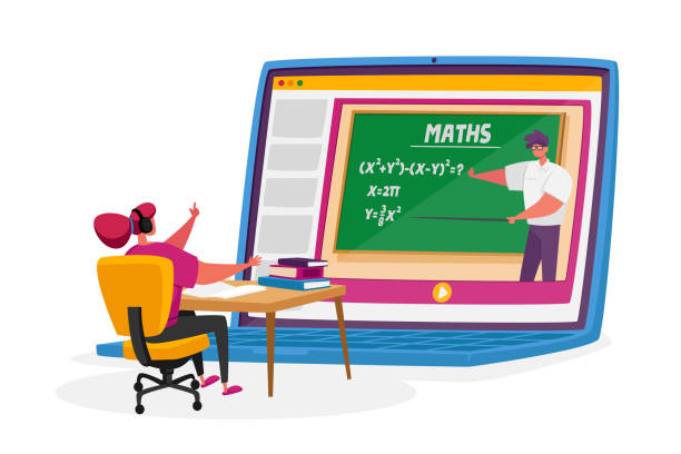 elektronische kurse, online-bildung zu hause. frau blick auf riesigen laptop-bildschirm mit mann lehre mathe lektion - child mathematics education mathematical symbol stock-grafiken, -clipart, -cartoons und -symbole