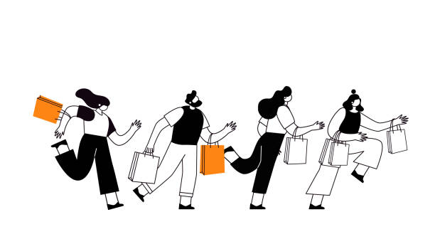 illustrations, cliparts, dessins animés et icônes de événement de vente du vendredi noir. tapisser les personnages des personnes avec des sacs à provisions. big discount, promo concept, affiche publicitaire, bannière. illustration vectorielle - women gift style fashion