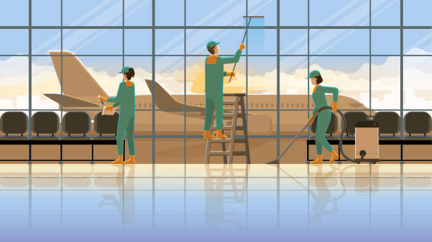 Cleaning service team maid working at the terminal international airport in early morning sunrise. Occupation lifestyle professional maintenance service before re-opening a business hours flight trip. Vector illustration idea concept of city Lifestyle in the early morning airport sunrise stock illustrations