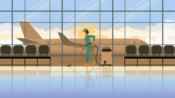 Vector of a woman cleaning maid working at international airport in terminal early morning sunrise. Occupation lifestyle professional maintenance service before re-opening business hours flight trip. Vector illustration idea concept of city Lifestyle in the early morning airport sunrise stock illustrations
