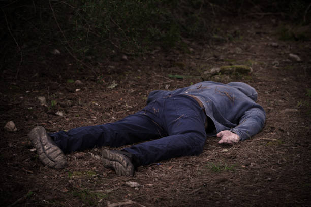 A caucasian man's dead body was found in the park. Murder in the woods. Murdered citizen. Crime scene A caucasian man's dead body was found in the park. Murder in the woods. Murdered citizen. Crime scene. High quality photo man reclining stock pictures, royalty-free photos & images
