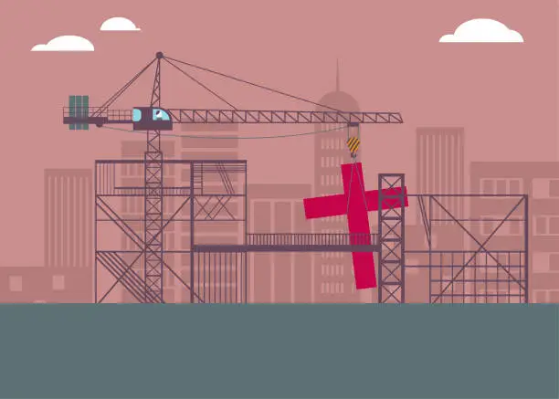 Vector illustration of A cross under construction at the construction site.