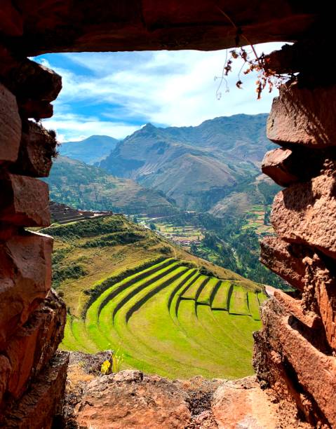 Great Sacred Valley of Inca in Peru. Ancient green agricultural terraces Andenes. Magnificent Andes mountains landscape. Peruvian countryside scene. View on Urubamba valley. Valle Sagrado de los Incas Incas agricultural terraces in Andes mountains, Pisac, Cuzco region, Peru, South America peru landscape stock pictures, royalty-free photos & images