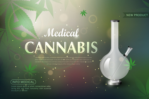 Bong and medical cannabis leaf. Realistic vector illustration showing glass bong and marijuana leaf