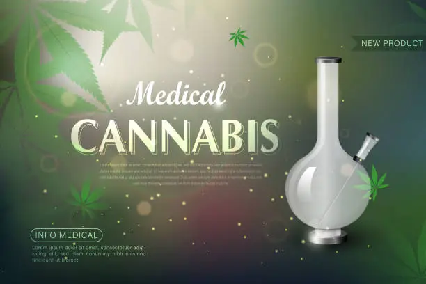 Vector illustration of Bong and medical cannabis leaf. Realistic vector illustration showing glass bong and marijuana leaf