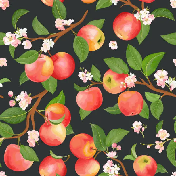Vector illustration of Boho botanical apple seamless pattern. Vector autumn fruits, flowers, leaves texture. Summer floral background, nature wallpaper, watercolor backdrop fashion textile, fall wrapping paper