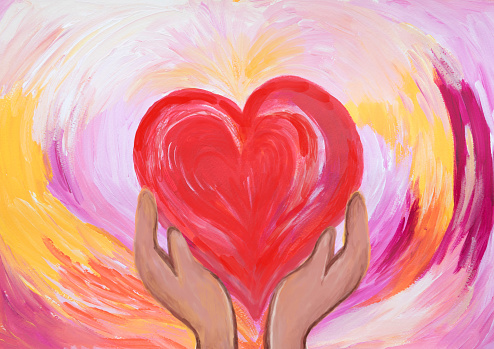 Acrylic painting of hands holding a red heart. Concept of love and care. valentine day. friendship, relationship, charity and volunteering. Mixed media. My own work.