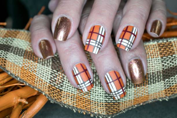 Autumn Plaid Nail Art Design Fall Inspired Art fall nail art stock pictures, royalty-free photos & images
