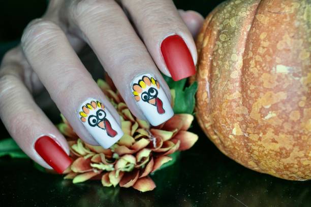 Thanksgiving Turkey Nail Art Design Holiday Inspired Art fall nail art stock pictures, royalty-free photos & images