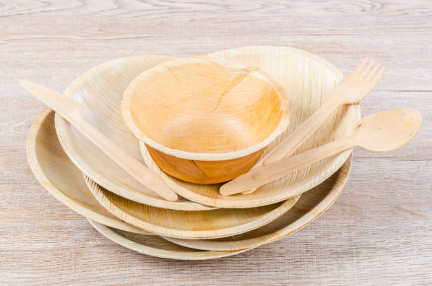 Kitchenware made from dried betel nut leaf palm, natural material.