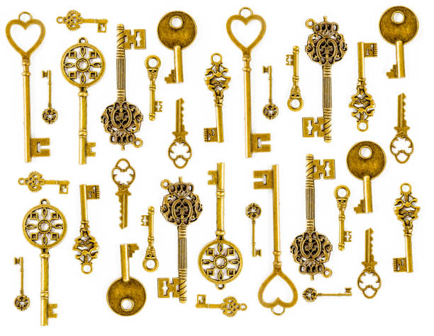 vintage keys collection isolated on white - skeleton key imagens e fotografias de stock