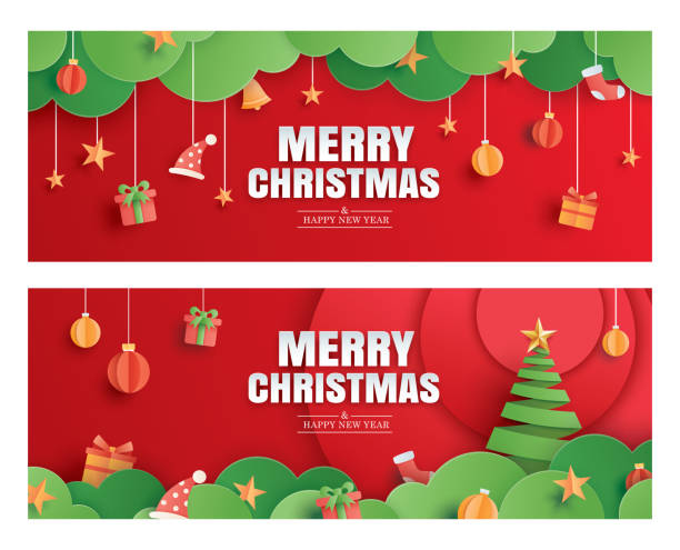 ilustraciones, imágenes clip art, dibujos animados e iconos de stock de feliz navidad y feliz año nuevo tarjeta de felicitación roja en la plantilla de pancarta de arte de papel. uso para el sitio web del encabezado, portada, folleto. - christmas background