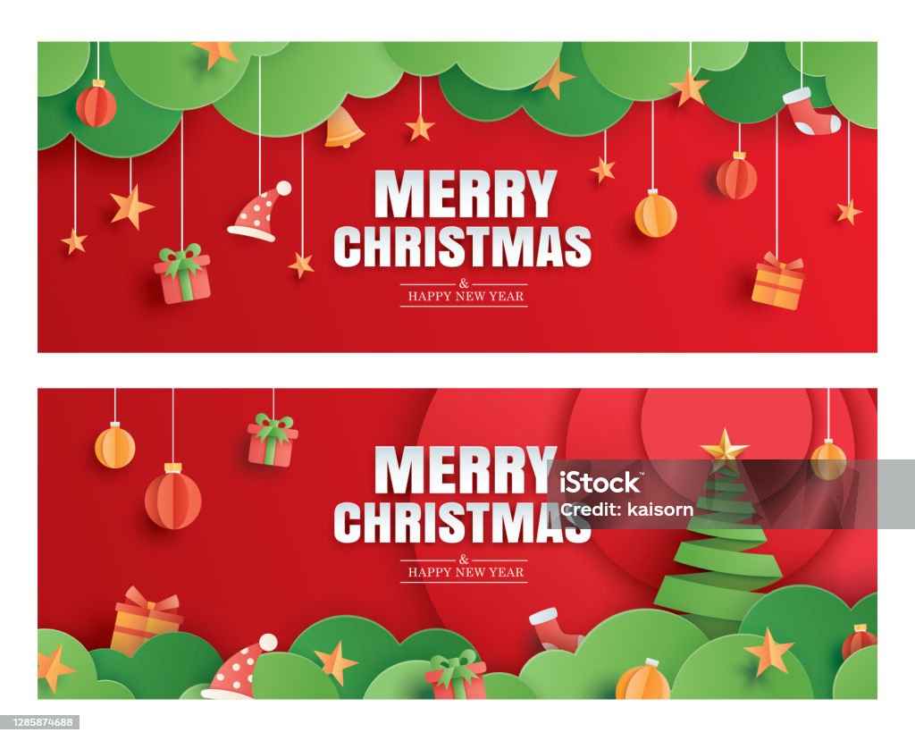 God jul och gott nytt år rött gratulationskort i papper konst banner mall. Använd för header hemsida, omslag, flygblad. - Royaltyfri Jul vektorgrafik