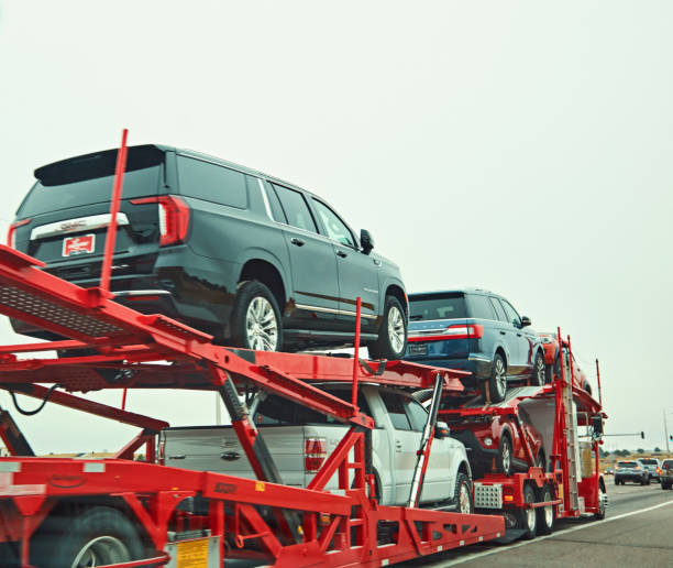 car transporter in colorado, usa - truck car multiple lane highway white imagens e fotografias de stock