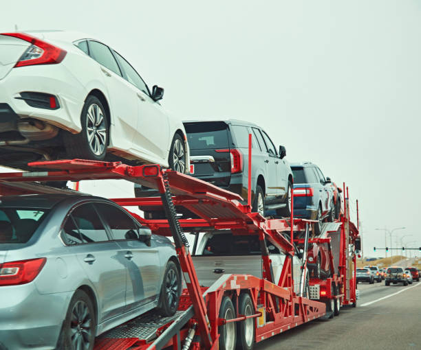 car transporter in colorado, usa - truck car multiple lane highway white imagens e fotografias de stock