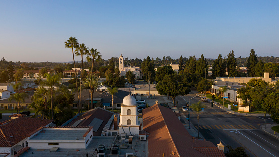 Sunset aerial view of the historic core of downtown Fullerton, California, USA.