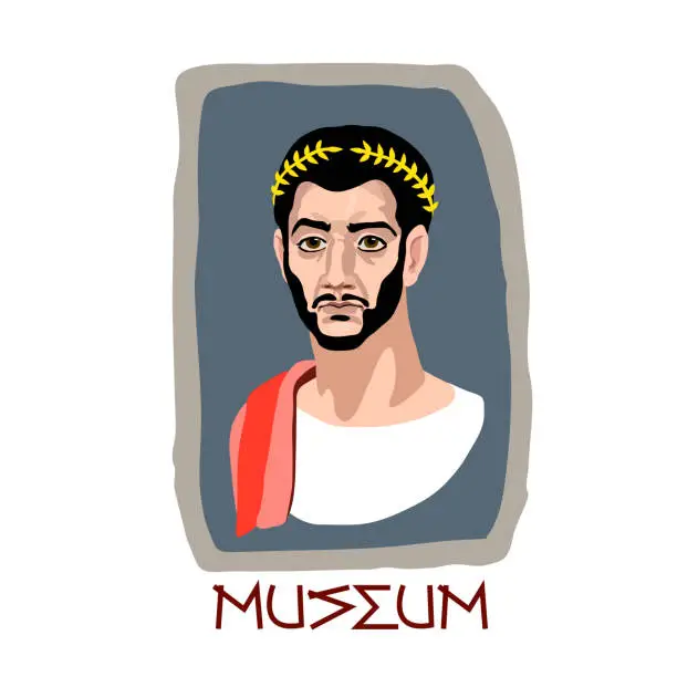 Vector illustration of Fayum funeral portrait of an ancient Greek brunette man with a Golden Laurel wreath, a museum exhibit