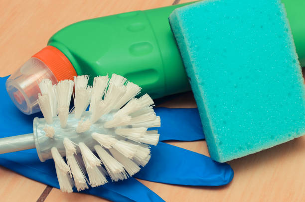 istock Domestic accessories for cleaning bathroom. Household duties concept 1285882033