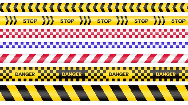 Vector illustration of Police tape, crime danger line. Caution police lines isolated. Warning barricade tapes. Set of warning ribbons. Vector illustration on white background