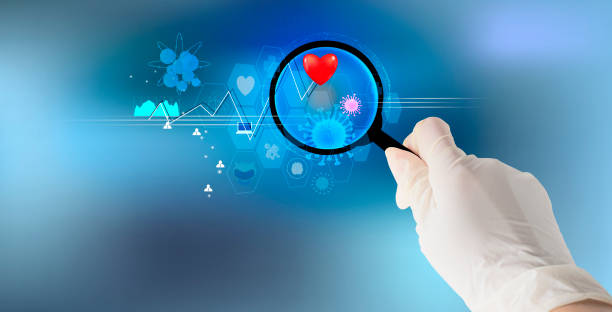 istock Hand holding magnifying glass science anti virus on blue banner background with graphic icon 1285885130