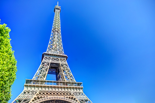 Paris France - May 23, 2019: Eiffel tower and love lock padlock cityscape Paris France