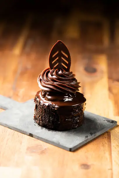 Delicious Mini Dark Chocolate Mudcake, food background.