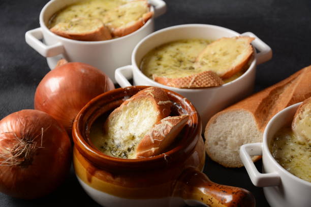 istock French Onion Soup with toasted bread and cheddar cheese 1285889618