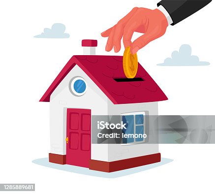 istock Mortgage and Home Buying. Huge Human Hand Put Golden Coin into Slot at Roof of Cottage House. Investment in Real Estate 1285889681