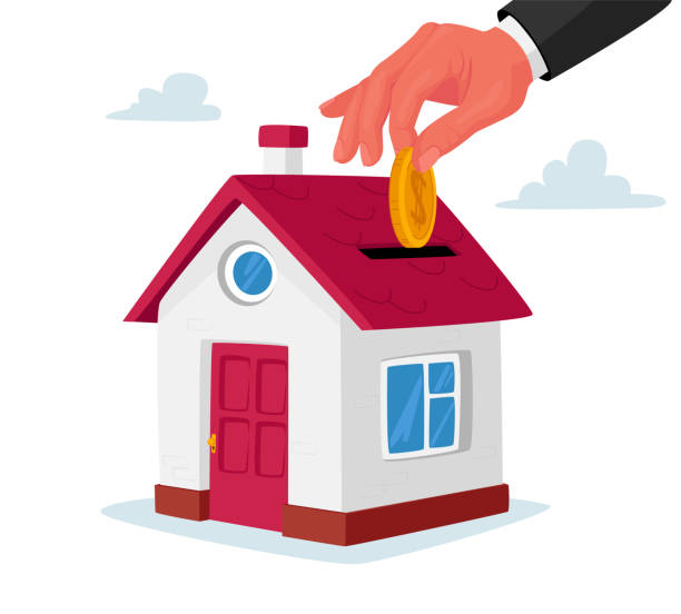 Mortgage and Home Buying. Huge Human Hand Put Golden Coin into Slot at Roof of Cottage House. Investment in Real Estate Mortgage and Home Buying Concept. Huge Human Hand Put Golden Coin into Slot at Roof of Cottage House. Investment in Real Estate, Loan Payment, Building Purchase, Debt. Cartoon Vector Illustration paying illustrations stock illustrations