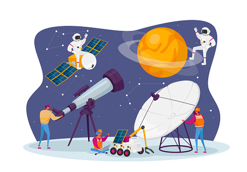 Astronomy Science, Male Female Characters Watching on Stars and Planets at Telescope, Studying Space, Cosmos Exploration, Scientific Investigation, Education. Cartoon People Vector Illustration