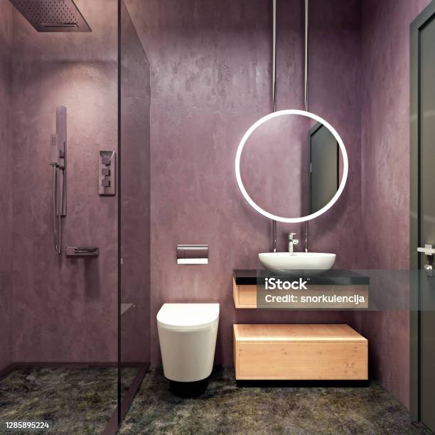Modern Interior Design Of Bathroom Vanity Mauve Purple Walls With Round Mirrors Minimalist And Clean Concept 3d Rendering Stock Photo - Download Image Now