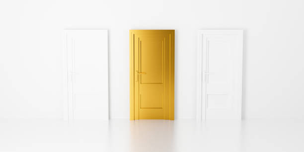 istock 3d golden door isolated on white background abstract in interior. Conceptual outstanding concept. 3d rendering for welcome home, wealth luck. Creative idea. Realistic closed doors. 1285896243