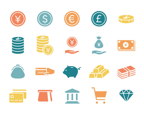 illustrazioni stock, clip art, cartoni animati e icone di tendenza di un set di semplici icone per denaro, valuta e carte - simbolo dello yen