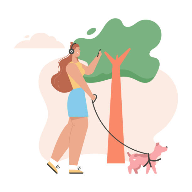 ilustrações, clipart, desenhos animados e ícones de jovem andando de cachorro e ouvindo música em fones de ouvido - dog school audio