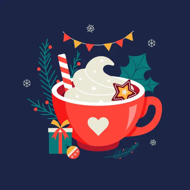 Vector illustration of Christmas hot chocolate with cookie and candy