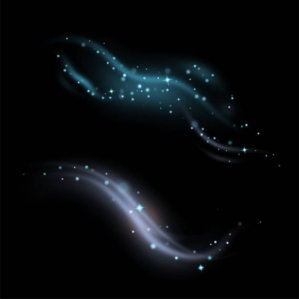 istock Set of light blue magic smokes with stars on dark background. Magical smoke for food advertising and package. Lights and stars. Vector 1285899059