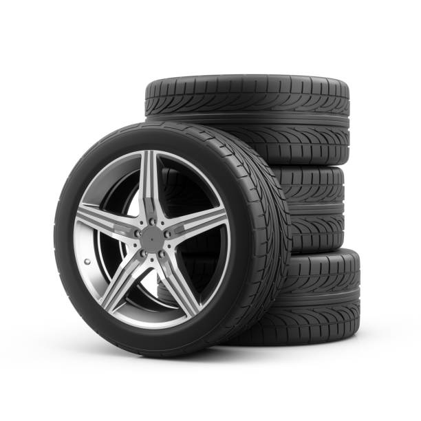 istock 3D rendering of four car wheels on a white background 1285899972