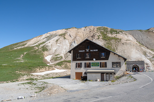 Col du Galibier, France - July 8, 2020: Mountain hut at the Col du Galibier pass