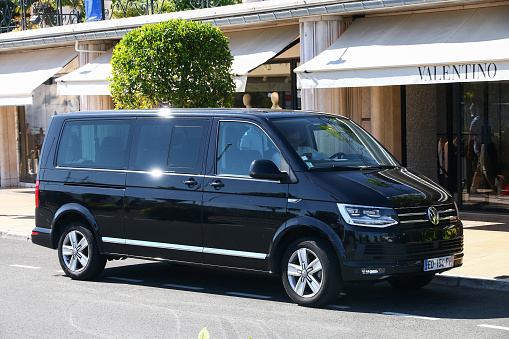 Monte Carlo, Monaco - September 12, 2019: Black luxury van Volkswagen Transporter in the city street.