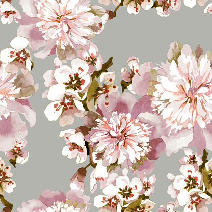 Hand painted watercolor peonies and apricot flowers branches on gray seamless pattern for all prints.