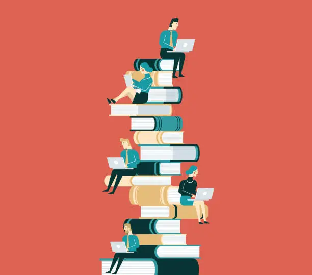 Vector illustration of Business people sitting on books