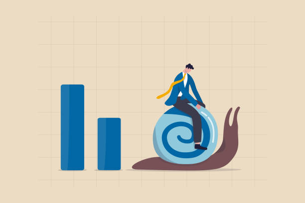 World economic slow down due to COVID-19 Coronavirus pandemic, GDP growth slowly or decline in recession concept, depressed sad businessman riding slow walking snail on economic graph and chart. World economic slow down due to COVID-19 Coronavirus pandemic, GDP growth slowly or decline in recession concept, depressed sad businessman riding slow walking snail on economic graph and chart. slow stock illustrations