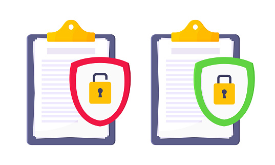 Privacy policy, safety lock and data protection metaphor set. Shield with padlock on the clipboard with personal data security protection symbol flat style design vector illustration.
