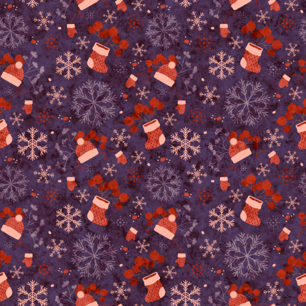 istock Knitted boots, mittens and cap with snowflakes and berries, purple. 1285905287