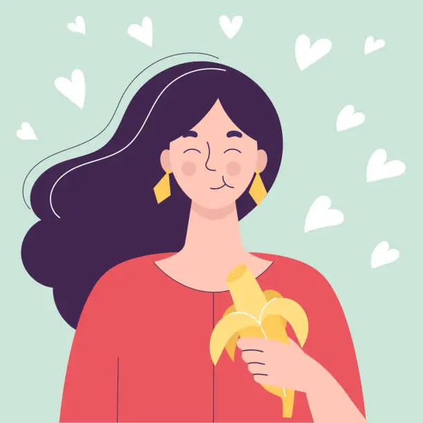 Vector illustration of Happy Cute woman eating banana. Healthy food concept, healthy snack. Fruits, vitamins for health. Flat vector isolated illustration on white background