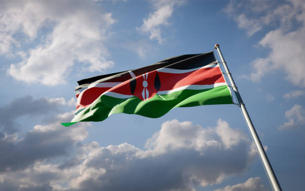 istock Kenya national flag waving at sky background close-up. 1285907040