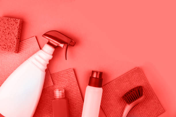 istock House cleaning products are on red background. 1285908196