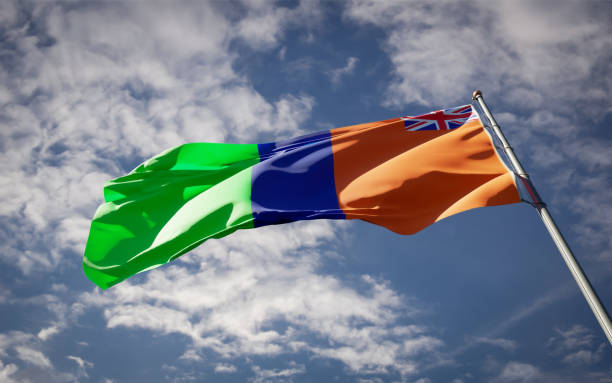 istock Sultanat national flag waving at sky background close-up. 1285908222